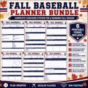 Könnte beinhalten: Ein Herbst-Baseball-Planer-Paket mit sechs druckbaren Formularen mit marineblauem und rotem Text auf weißem Hintergrund. Die Blätter umfassen Saisonübersicht, Spielerbewertung, Trainingsplaner, Aufstellungsbogen, Spielnotizen und Saisonrückblick.