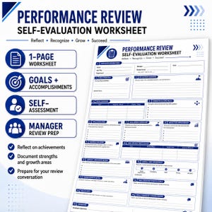 Performance Review Self-Evaluation Worksheet Printable | Employee Review Prep