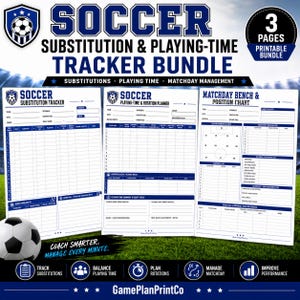 Könnte beinhalten: Ein dreiseitiges, druckbares Fußball-Set zur Verfolgung von Auswechslungen und Spielzeiten, bestehend aus einem Auswechslungs-Tracker, einem Rotationsplaner und einer Aufstellungsübersicht mit blauem und weißem Text und Grafiken.