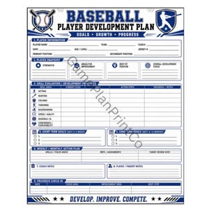 May include: A blue and white Baseball Player Development Plan form featuring sections for player information, skill evaluation, short-term and long-term goals, action plans, and progress check-ins, with the text Develop, Improve, Compete at the bottom.