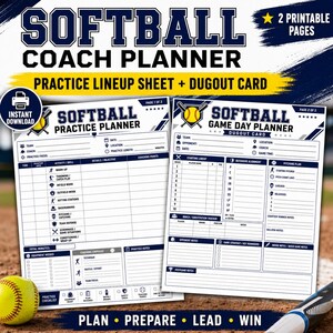 Softball Coach Planner | Practice Lineup Sheet, Dugout Card (Printable)