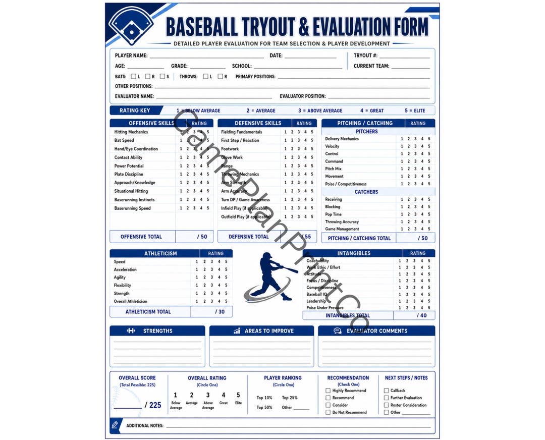 Baseball Tryout and Evaluation Form | Printable Evaluation Sheet for ...