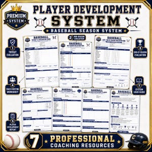 May include: A baseball player development system featuring seven printed forms and worksheets with blue and gold text. The documents include tryout, mid-season, and end-of-season evaluation forms, a coach meeting worksheet, and a user guide.