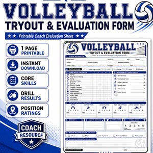 May include: A blue and white printable volleyball tryout and evaluation form featuring sections for player information, core skills, drill results, and position-specific ratings. The document includes a rating scale from one to five and space for coach comments.