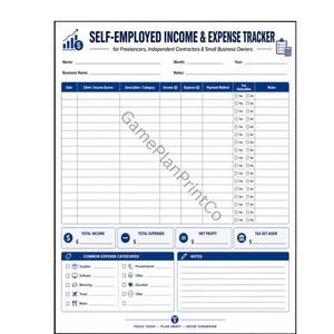 May include: A white paper form titled Self-Employed Income & Expense Tracker for freelancers, independent contractors, and small business owners. It features a table for tracking dates, income, expenses, payment methods, tax deductibility, and notes.