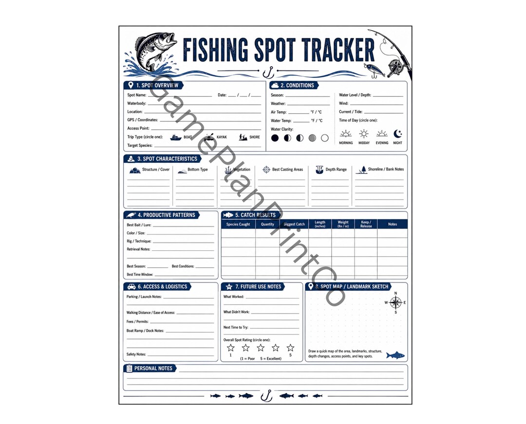 Angler Fish Spoting Fishing Spot Tracker Printable | Angler Location Log and Catch Notes - Etsy