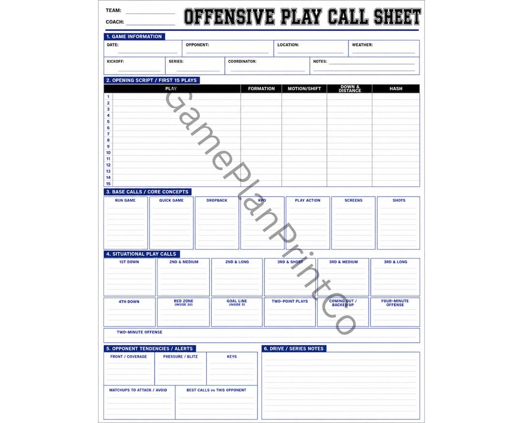 Offensive Play Scripts Football Offensive Call Sheet Printable | Coach Game Day Play Caller ...