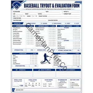 May include: A white baseball tryout and evaluation form with blue text and headers. The document includes sections for player information, offensive and defensive skills, pitching, catching, athleticism, intangibles, and an overall score summary.