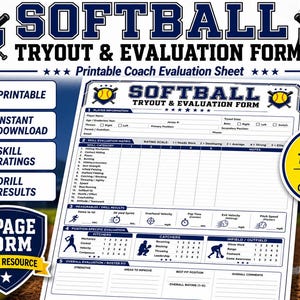 Softball Tryout Evaluation Bundle Printable | Player Evaluation, Check-In Sheet, Score Summary, & Final Roster
