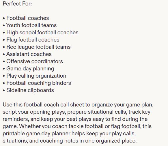 Football Offensive Call Sheet Printable | Coach Game Day Play Caller ...