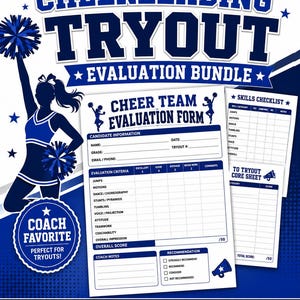 Pode incluir: Um conjunto de avaliação para testes de cheerleading em azul e branco, incluindo um formulário de avaliação de equipa, uma lista de verificação de competências e uma folha de pontuação com silhuetas de cheerleaders e megafones.