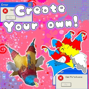 Puede incluir: Una piñata en forma de estrella con flecos rojos, amarillos y azules, junto a una ilustración de dibujos animados del personaje, sobre un fondo rosa con el texto Create Your Own y dos ventanas de error con el texto Click Fix.