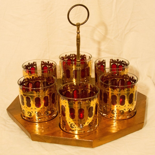 Culver LTD. 22 K Gold "Cranberry Scroll" Glass Set with Walnut Serving Tray