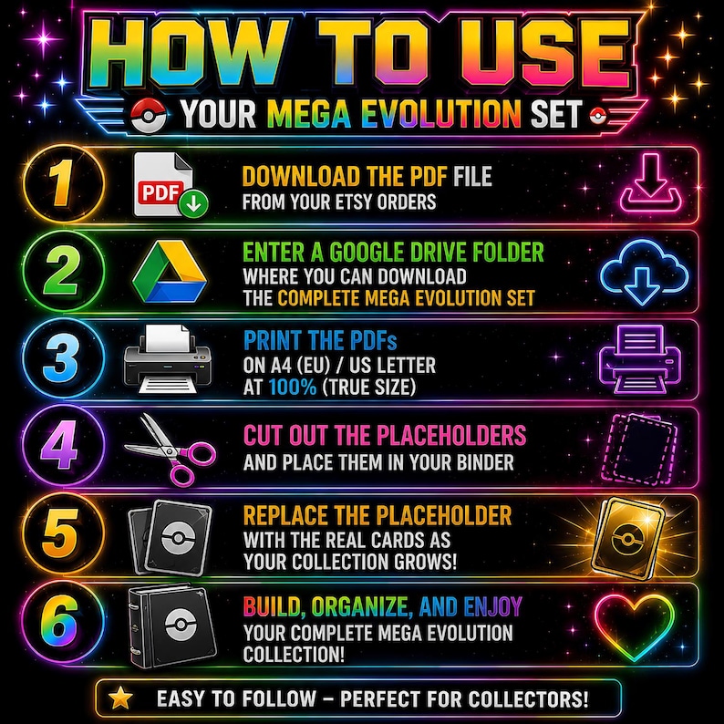 Puede incluir: Un gr&aacute;fico de instrucciones estilo ne&oacute;n titulado HOW TO USE YOUR MEGA EVOLUTION SET. Enumera seis pasos: descargar el archivo PDF, acceder a una carpeta de Google Drive, imprimir en papel A4 o US Letter, recortar los marcadores y organizar.