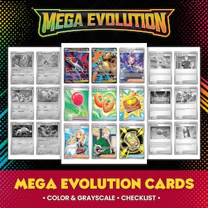 Puede incluir: Una colecci&oacute;n de cartas coleccionables dispuestas en una cuadr&iacute;cula, con el texto MEGA EVOLUTION en la parte superior e inferior. La imagen incluye una mezcla de cartas en escala de grises y a todo color con personajes, objetos y s&iacute;mbolos.