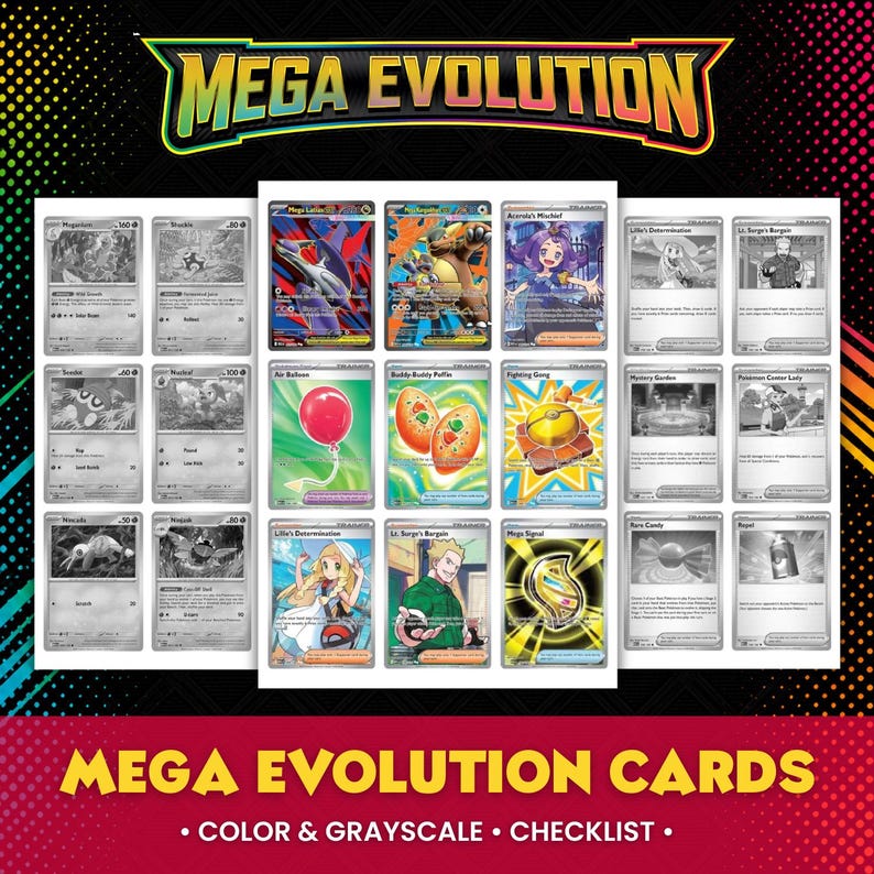 Puede incluir: Una colecci&oacute;n de cartas coleccionables dispuestas en una cuadr&iacute;cula, con el texto MEGA EVOLUTION en la parte superior e inferior. La imagen incluye una mezcla de cartas en escala de grises y a todo color con personajes, objetos y s&iacute;mbolos.