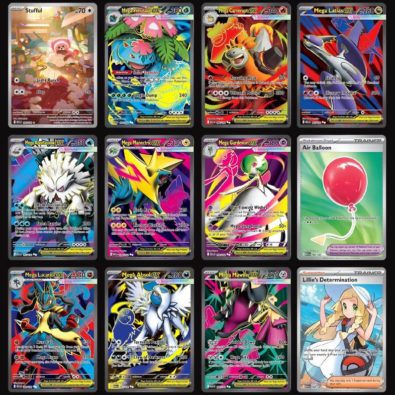 Puede incluir: Una colecci&oacute;n de doce cartas coleccionables con varios personajes y objetos ilustrados, incluyendo Mega Venusaur, Mega Camerupt, Mega Latias, Mega Abomasnow, Mega Manectric, Mega Gardevoir, Mega Lucario, Mega Absol, Mega Mawile, Stufful, Air Balloon y Lillie's Determination.