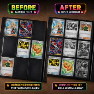 Puede incluir: Una p&aacute;gina de carpeta negra para tarjetas coleccionables que muestra una comparaci&oacute;n entre una colecci&oacute;n parcialmente llena y un conjunto completo y organizado. La imagen presenta varias tarjetas coloridas en bolsillos de pl&aacute;stico transparente con los textos BEFORE PARTIALLY FILLED y AFTER COMPLETE AND ORGANIZED, adem&aacute;s de texto en la parte inferior sobre c&oacute;mo iniciar y completar su colecci&oacute;n.