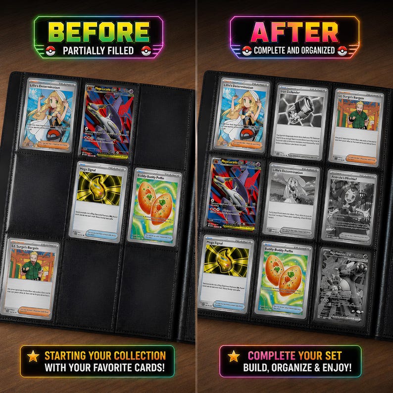 Puede incluir: Una p&aacute;gina de carpeta negra para tarjetas coleccionables que muestra una comparaci&oacute;n entre una colecci&oacute;n parcialmente llena y un conjunto completo y organizado. La imagen presenta varias tarjetas coloridas en bolsillos de pl&aacute;stico transparente con los textos BEFORE PARTIALLY FILLED y AFTER COMPLETE AND ORGANIZED, adem&aacute;s de texto en la parte inferior sobre c&oacute;mo iniciar y completar su colecci&oacute;n.