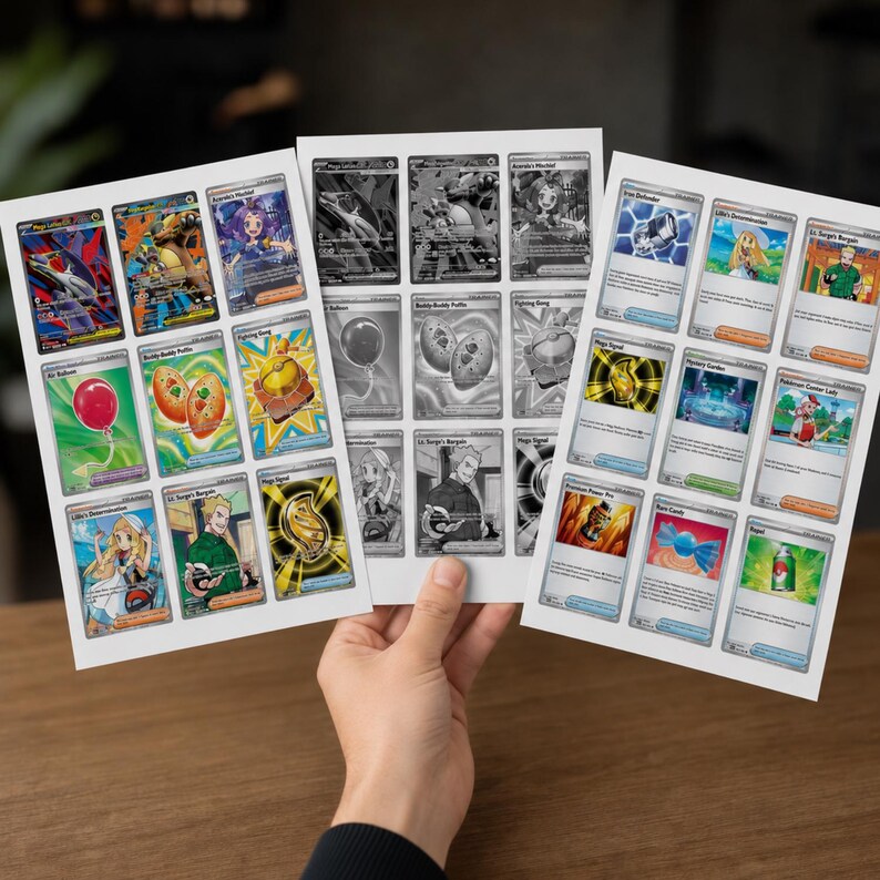 Puede incluir: Tres hojas de tarjetas coleccionables impresas con diversas ilustraciones coloridas de personajes, art&iacute;culos y s&iacute;mbolos. Las tarjetas muestran etiquetas de texto como Air Balloon, Buddy-Buddy Poffin, Fighting Gung, Mega Signal, Lillie's Determination y Lt. Surge's Bargain.