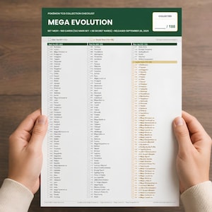 Puede incluir: Una lista de control de colecci&oacute;n de Pok&eacute;mon TCG blanca titulada Mega Evolution con un encabezado verde oscuro. El documento enumera 188 cartas, incluidas 132 del conjunto principal y 56 raras secretas, con casillas para marcar el progreso.