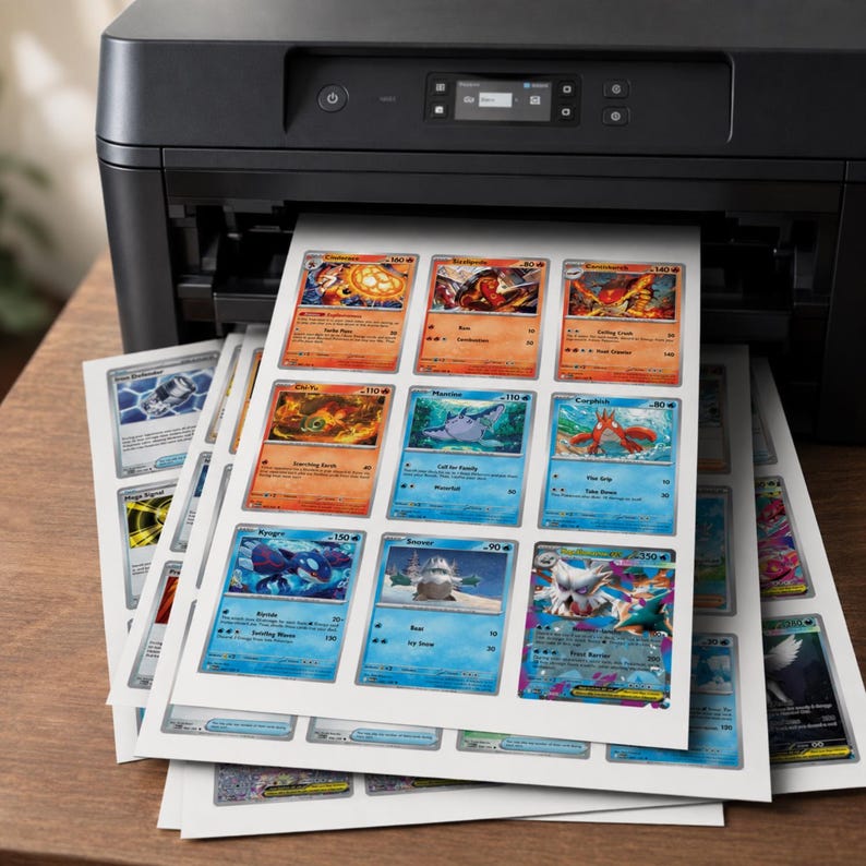 Puede incluir: Una impresora de escritorio negra que expulsa una hoja de papel blanca con una cuadr&iacute;cula de nueve cartas coleccionables Pok&eacute;mon coloridas. Las cartas muestran varias ilustraciones de criaturas, texto y valores num&eacute;ricos en alta resoluci&oacute;n.