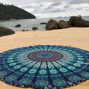 Turquoise Round Mandala Tapestry, Cotton Boho Beach Blanket, Circle Tablecloth, Yoga Meditation Picnic Mat, 50 Inch