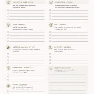 Op de afbeelding: Een therapie-reflectieplannerpagina met de kop A SPACE TO REFLECT, TRACK, AND PRIORITIZE WHAT MATTERS MOST TO YOU. Het bevat secties voor emotioneel welzijn, symptomen, slaap, doelen, medicatie, vragen, stressfactoren en copingstrategieën.
