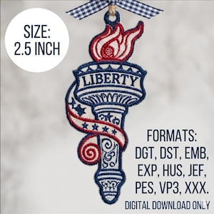 以下が含まれることがあります： 赤、白、青の自由の女神の松明の刺繍ワッペン。LIBERTYの文字、星付きのリボン、上部に青いギンガムチェックのリボンがあしらわれています。デザインサイズは6.35cmで、DGT、DST、EMB、EXP、HUS、JEF、PES、VP3、XXXの各形式で利用可能です。