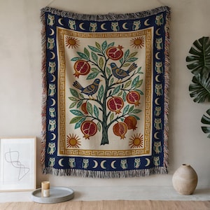 Pomegranate Tree Woven Blanket: Folk Bird Tapestry, Persian Heritage Home Decor