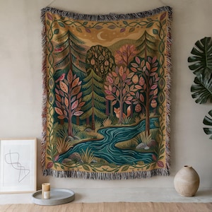 Woodland Fox Woven Blanket: Folk Art Pine Forest Throw, Cozy Cabin Decor
