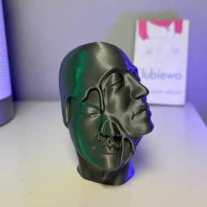 Può includere: Una scultura stampata in 3D grigio scuro di una testa umana con un effetto di fusione surreale. La superficie presenta due profili facciali distinti sovrapposti, con contorni lisci e fluidi che creano un aspetto simile a un liquido.