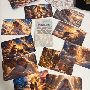 May include: A deck of rectangular metaphorical cards featuring various illustrations of couples and celestial scenes, including a central card labeled PARTNERS with descriptive text, alongside a black drawstring pouch with a gold geometric design.