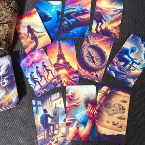 May include: A collection of rectangular playing cards featuring vibrant, surreal, and detailed illustrations. The cards display diverse scenes including the Eiffel Tower, a compass, a painter at an easel, a map, a chameleon, and various human figures.