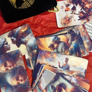 Può includere: Un mazzo di carte oracolo rettangolari con illustrazioni surreali e colorate di persone ed elementi celesti, accompagnato da un sacchetto in velluto nero con un emblema dorato dell'albero della vita stampato sulla parte anteriore.
