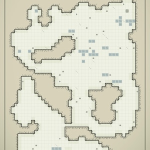 Puede incluir: Un mapa de cuadrícula visto desde arriba titulado The Buried Hollows of the Forgotten King for 5e, Pathfinder, Shadowdark & any TTRPG. El mapa presenta paredes de caverna beige, baldosas blancas, pequeñas zonas de agua azul y símbolos negros.