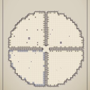 May include: A circular tabletop roleplaying game map titled CONJURY OF BOUND STARS, LEVEL 1 OF 4. The map features a grid divided into four quadrants by intersecting paths, with various symbols, small icons, and textured borders on a light background.