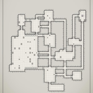 May include: A black and white top-down dungeon map titled The Forsaken Columbarium for 5e, Pathfinder, Shadowdark & any TTRPG. The grid-based layout features interconnected rooms, corridors, and stone walls with hatched shading on a light background.