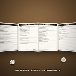 May include: A four-panel tabletop roleplaying game screen insert set with black text on white paper. The panels feature headers for Combat, Conditions, Death & Rest, Skills, DCs, Exploration, and Quick Reference & Notes, with two 20-sided dice icons.