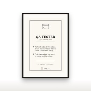 May include: A framed wall print featuring a dictionary-style definition of QA TESTER. The text includes a computer terminal icon, phonetic spelling, and a humorous two-part definition about ordering beers and finding unexpected user inputs, ending with // cannot reproduce and LEVEL 0.