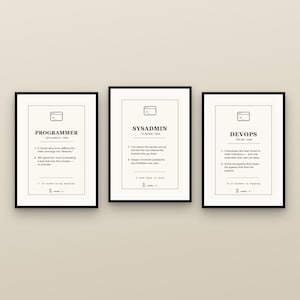 Puede incluir: Tres láminas de pared enmarcadas con marcos negros y fondos de color blanco roto. Cada impresión presenta una definición estilo diccionario para los términos Programmer, Sysadmin y DevOps, incluyendo pronunciaciones, definiciones numeradas y fragmentos de código.