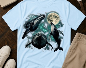 T-Shirt mit Walmotiv im Mondlicht | Buckelwal-Trio bei Nacht