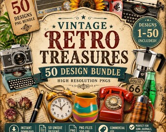 レトロな1970年代風キッチュ＆3Dスキューモーフィッククリップアートバンドル（PNGファイル50点）