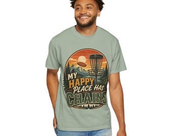 私の幸せな場所には鎖があるTシャツ | ディスクゴルフ ヴィンテージサンセットデザイン
