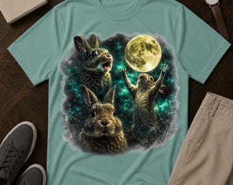 T-Shirt mit Hasenmotiv im Mondlicht | Drei Hasen bei Vollmond