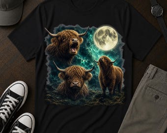 T-Shirt mit schottischem Hochlandrind-Motiv im Mondlicht