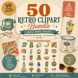 May include: A digital collection of 50 retro clipart images featuring a variety of vintage-style illustrations including a rotary telephone, a floral vase, a mushroom, and kitchenware, presented as a bundle of high-resolution PNG files.