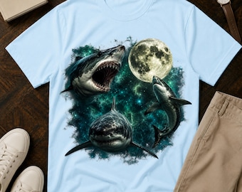 T-Shirt mit Weißem Hai-Motiv, Mondhai-T-Shirt