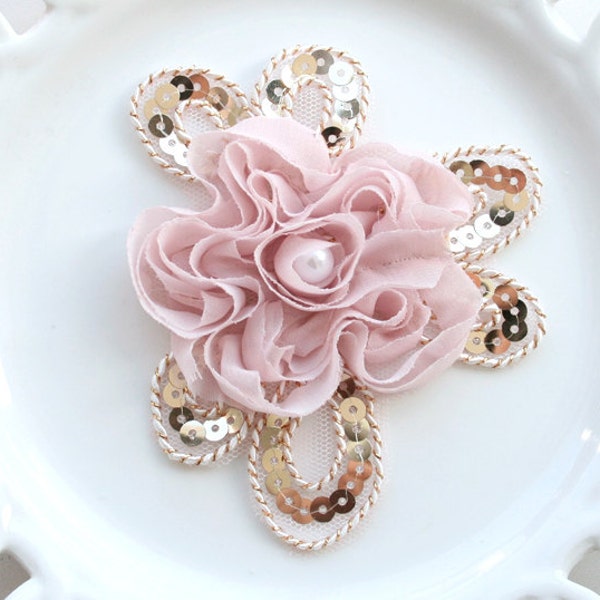 Juliet Rose soft chiffon FLAT flowers gold trimming pearl sequin spangle applique for headband bridal hat 3 colors (pink)