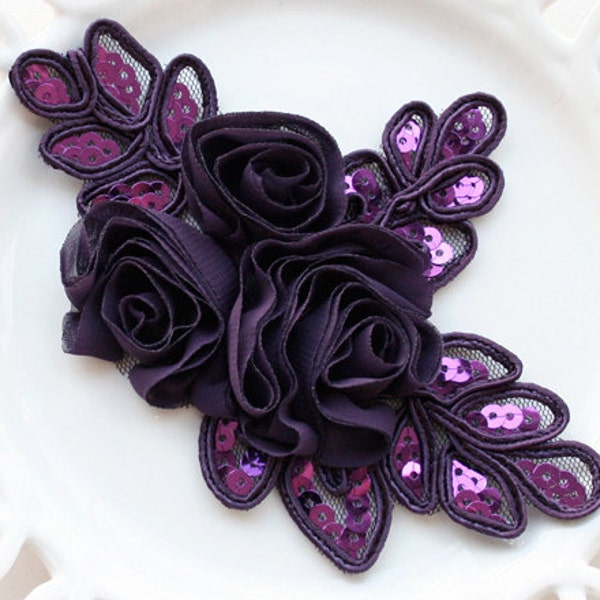 Shine 3 flower beautiful ROSE chiffon flower sequin spangle applique baby girl headband motif  8 colors (violet)